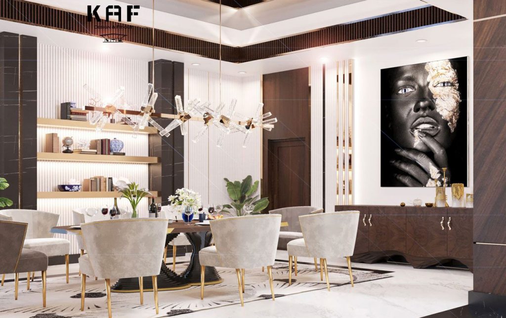 6 Kaf Designs Unique Majlis Mix Of The Contemporary Art Deco Wall Cladding Steps With Gold Touch And The Brabbu Dinning Table 2 E1642492905203 1 1024x644 